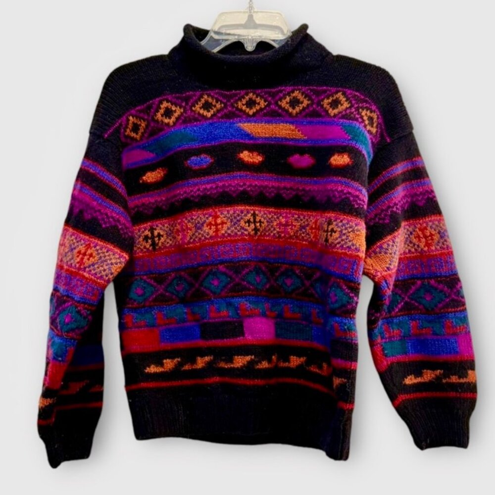 Vintage Early Winters 100% Wool Made in Peru Multi-Color Roll Neck Sweater Sz M